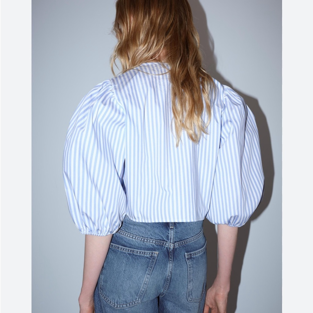 Zara Cotton Puff Sleeve Blouse Blue Stripe Small - Picture 4 of 9